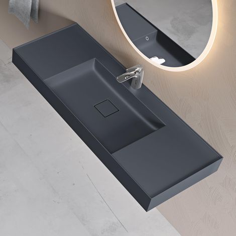 doporro Lavabo da Appoggio Rettangolare Lavabo Bagno Sospeso incl. Set di Scarico e Foro per Rubinetto Lavandino Bagno in Resina Minerale 120x46x12cm Antracite Opaco Colossum630