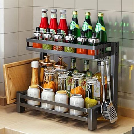 Hofuton Étagère à Épices de 2 étages Murale - Présentoir à Épices à 2 Niveaux pour Cuisine,Restaurant - Noir (1/4)