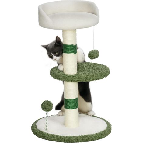 Arbre à chat avec panier, 2 balles, plateforme et poteau en sisal, vert et blanc (1/5)
