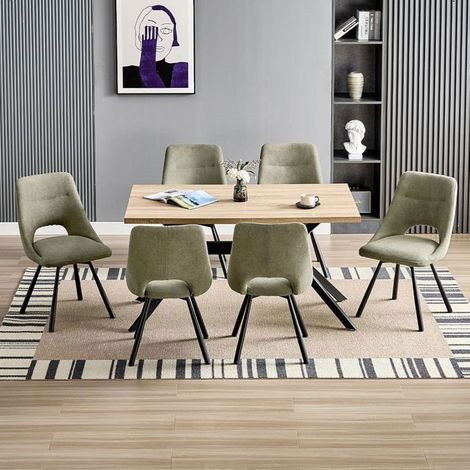 Ensemble table à manger - WAFTING - 140x80 cm (6 places) - Chaises pivotantes 360° - Style scandinave bois clair (1/5)