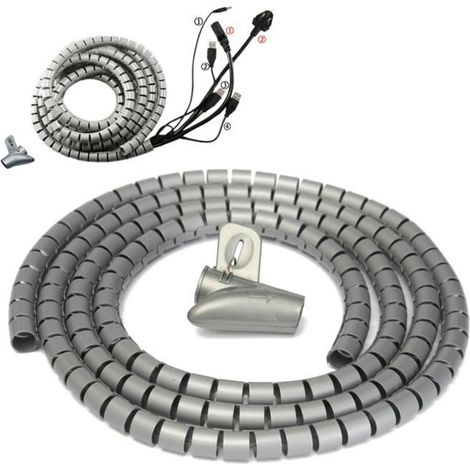Gaine Tube Spirale Range Cache Câble Fil 2M Ø15mm avec Clip Attache GRIS (1/4)