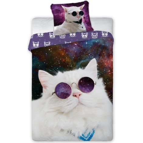 Parure de lit 160x200 cm en coton, motif chat spatial 3D
