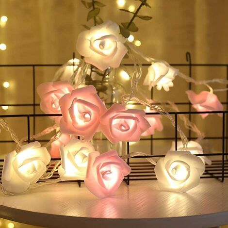 MINKUROW Rose Lichterkette 3m 20 LEDs Batteriebetriebene Rosenblüte Warmweiße Rosenlichterkette Romantische Hausgartendekoration für Hochzeit, Party, Valentinstag, Weihnachten (Weiß-Pink) (1/5)