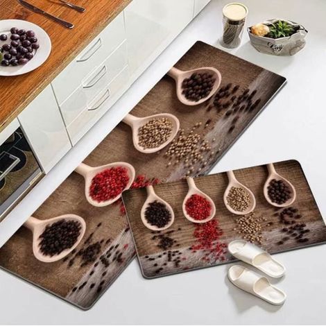 Non-Slip Brown Kitchen Mat Set of 2 (40x60cm & 40x120cm) - Machine Washable
