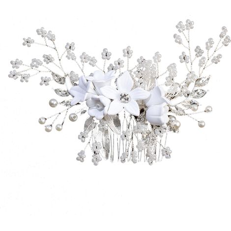 Fleur de mariée en alliage et résine, élégante et chic, style européen-américain, accessoire cheveux blanc pour cérémonie, simple et raffiné, blanc. (1/5)