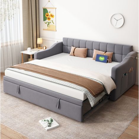 Bettsofa modern grau Samt 90x190/180x190 cm mit USB-Anschlüssen, Seitentaschen und Lattenrost (1/5)