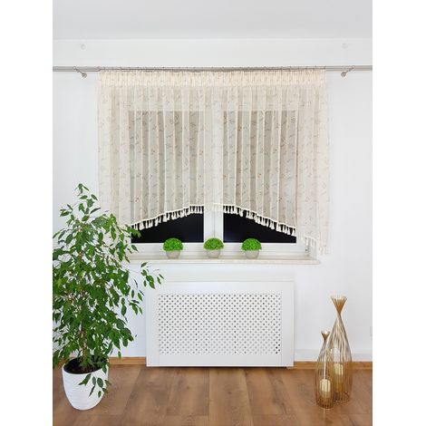 Tenda pronta all'uso in garza, beige, stile boho, con frange, 400x150 cm (1/5)