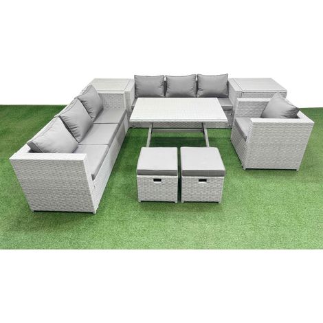 Fimous Outdoor Rattan Garden Furniture Dining Set 9-seater Patio Rectangular Table 3 Seater Sofa Armchair Set with 2 Side Tables 2 Small Stools (1/4)