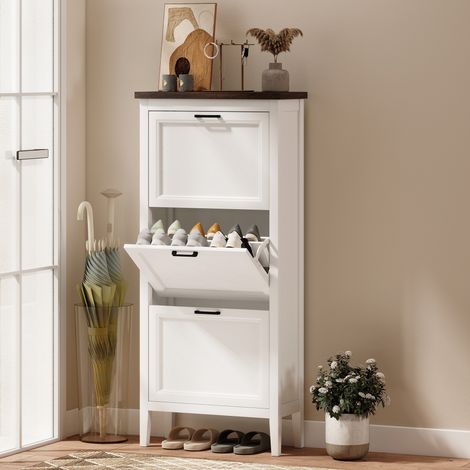 Meuble chaussures 18 paires étroit 3 tiroirs rabattables étagères blanc. Meuble à chaussures compact pour grands besoins de rangement, pratique et organisé. (1/5)