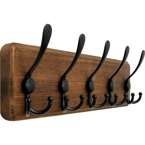 Porte Manteau Mural Bois Massif 5 Crochets Triples - Patère Murale 44 cm pour Manteaux, Veste, Salle de Bain, Marron