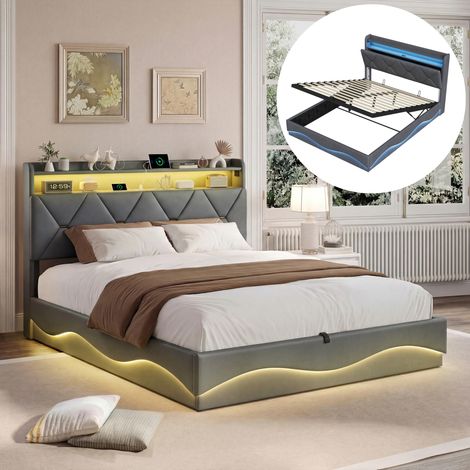 Polsterbett 160x200 cm mit Bettkasten, Doppelbett aus Samt mit LED, USB-Anschlüssen, Stauraum-Kopfteil und Lattenrost, Grau