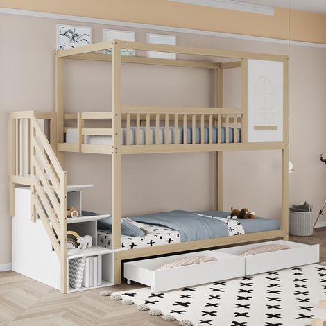 Lit superposé, lit enfant 90200, lit double, bois massif, avec fenêtres, clôture de sécurité, tiroirs de rangement, échelle de sécurité, couleur bois (1/5)