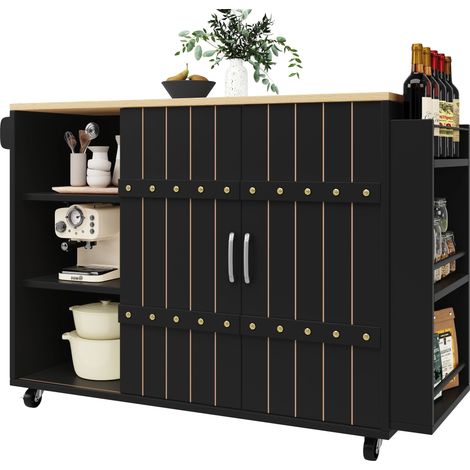 Meuble de cuisine, desserte effet bois sur roulettes avec plan de travail, étagère à épices et porte-serviettes, îlot avec portes coulissantes et tiroirs, noir