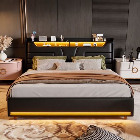 Cama lit 140x190 - POCKETPOP - PU negro - Cabecera con Led y Usb - Estructura de Cama con Somier de Lamas de Madera - 2 plazas (1/5)