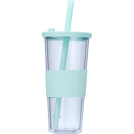 Paroi double en plastique, avec couvercle et gobelet en paille vert paille (1/3)