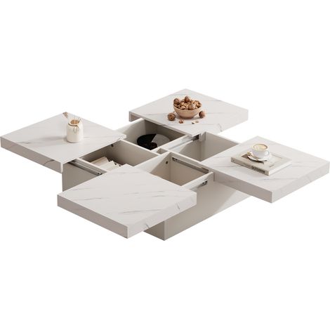Table basse carrée moderne blanche aspect marbre, 90 x 90 x 25 cm – quatre tiroirs, plateau coulissant, charge maximale 30 kg (1/5)