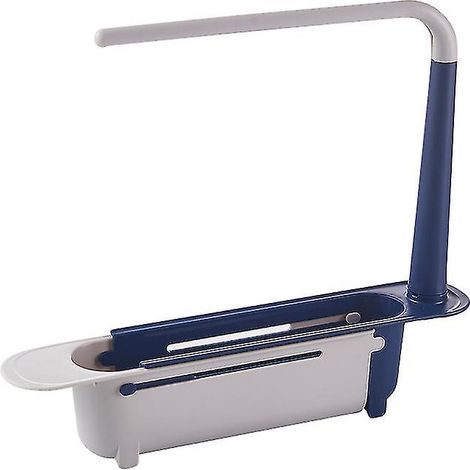 Étagère télescopique bleue pour évier de cuisine, multifonctionnelle, avec porte-torchons suspendu. (1/5)