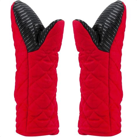 Gant Cuisine Four Maniques Silicone, Long Gant Four Antidérapant Oven Gloves Mitts Doublure en Polyester Coton Lavable pour Cuisine Cuisson (Rouge) (1/5)