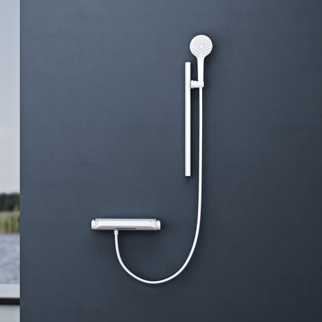 doporro Système de Douche avec Douchette Douche à Main Pommeau de Douche Blanc Mat Mitigeur Salle de Bain avec Barre Coulissante à Réglage Continu de 60 cm Duschsystem09