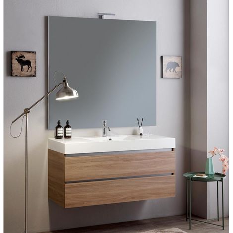 Mueble De Baño Suspendido 2 Cajones Roble Natural, Lavabo Y Espejo 110X120 Vittoria