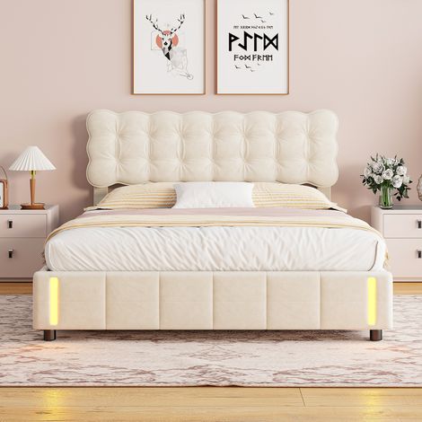 Letto 140x190, letto adulto 140x190, rete a doghe, LED, struttura letto contenitore 140x190, tessuto in velluto, beige (1/5)