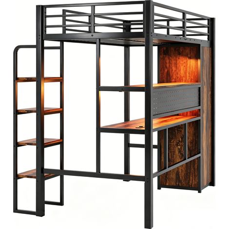 Letto a soppalco in metallo 90 x 200 cm nero con scrivania, scaffale, armadio e scala verticale (1/5)