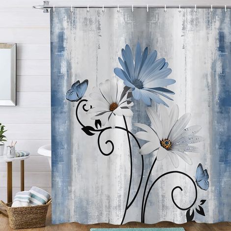 Rustique Ferme Rideau de Douche 180x200 cm, Vintage Ferme Bleu Marguerite Fleurs Papillon Imperméable Bain Rideau Polyester Textile Lavable Rideaux de Douche pour Baignoire avec 12 Crochets (1/5)