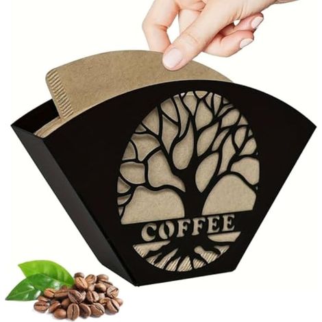 Porte Filtre à Café en Motif d'Arbre Perforé, Support Filtre à Café Noir et Rétro, Porte-Filtres à Cafés Décoration, pour Filtres à Cafés Coniques, en Forme d'Éventail et Ronds, Serviettes (1/5)