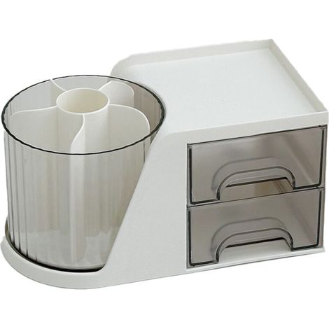 Lntyq Organiseur de Bureau, Porte-stylos Pivotant à 360° avec 2 Tiroirs, Boîte de Rangement Multifonctionnelle pour la Maison, L'école, le Bureau, les Cosmétiques, les Crayons, les Fournitures D'art,