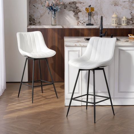 Set aus 2 Barhockern, 360° drehbare Barstühle mit Kunstlederbezug, Rücken- und Fußstütze, Weiß
