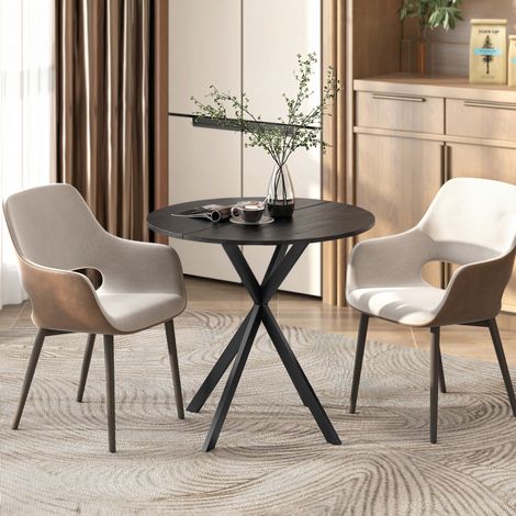 Table à Manger Ronde 2 Personnes, Plateau Aspect Bois, Piètement Croisé Acier, Noir (1/5)