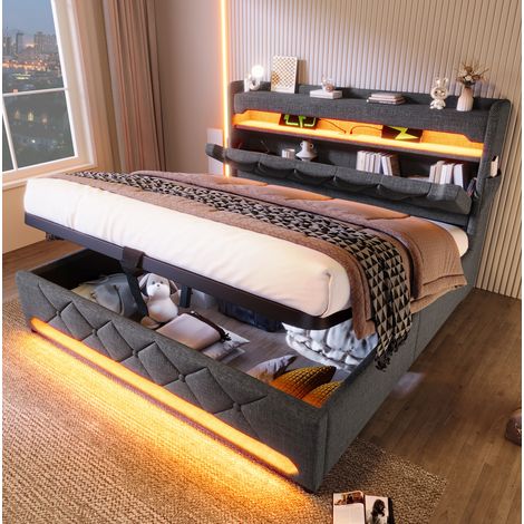 Bett Mit Bettkasten 160x200 cm Mit Hochklappbarem Lattenrost, Kopfteil Mit USB- Und Typ-C-Anschlüssen (1/5)
