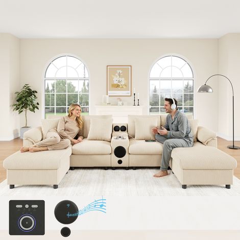 Canapé d'angle modulable 315,5x144x84,5 cm (U/L), enceinte Bluetooth, console, rangement, chargeur sans fil, ports USB, velours côtelé beige (1/5)