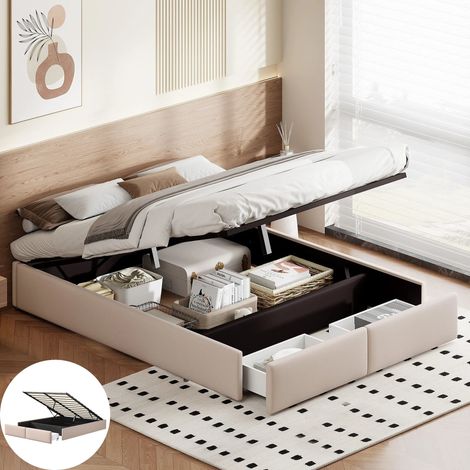 Lit coffre rembourré 140 x 200 cm lin beige, avec sommier à lattes, rangement sous le lit, sans matelas, sans tête de Lit, Moderne (1/5)