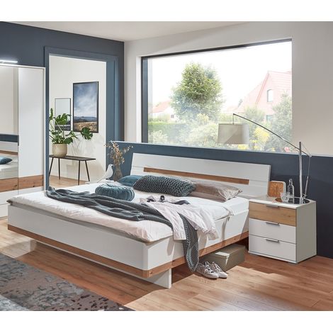 Lit adulte double 180x200cm King Size + 2 chevets coloris blanc/imitation chêne artisan - Longueur 168 x Profondeur 210 x Hauteur 85 cm -PEGANE- (1/4)