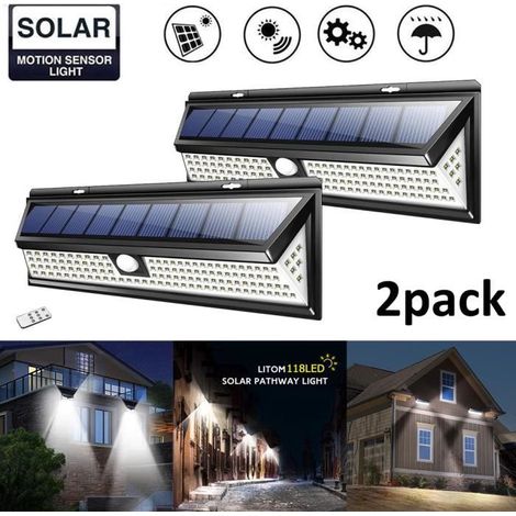 2 unités, lampe solaire extérieure 118 LED avec télécommande, étanche IP65 pour cour, allée et garage