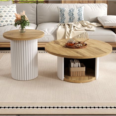 Table basse ronde double, lot de 2, en MDF naturel, 75 x 75 x 50 + 45 x 45 x 35 cm HAVRYA (1/5)