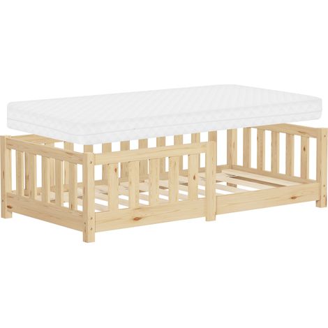 ML-Design Cama de Suelo Infantil con Colchón 70x140cm Natural Madera Maciza de Pino con Somier de Láminas y Protección Anticaída Cuna Individual para Niños y Bebés Mobiliario para Habitación Juvenil (1/5)