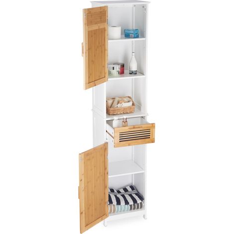 Relaxdays – Armoire murale de salle de bain 2 portes 1 tiroir – Dimensions HxLxP : 180x39x30 cm – Bois bambou blanc-nature – Fixation murale incluse