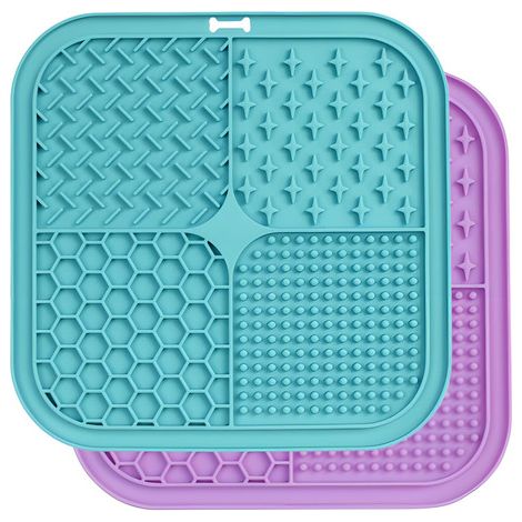 Deux pierres à lécher pour chiens - Tapis à lécher avec pelle en silicone - Tapis anti-glouton - Gamelle pour chien - Silicone - Violet et bleu (1/4)