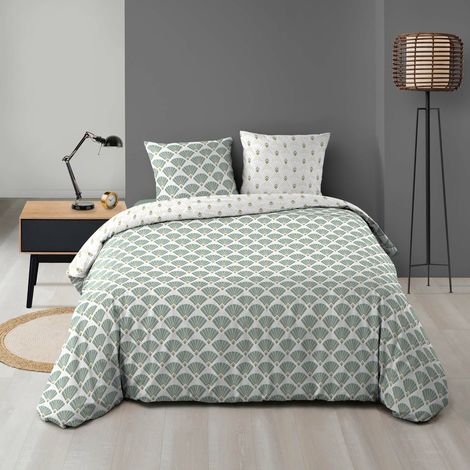 Parure de lit 240x220 cm + 2 taies – Microfibre imprimée DIANE – Motif vert d’eau & or (1/4)