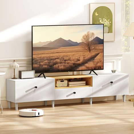 Mobile porta TV, mobile per televisori fino a 90 pollici con 2 ante a ribalta e cassetto, 200 x 35 x 45 cm, bianco