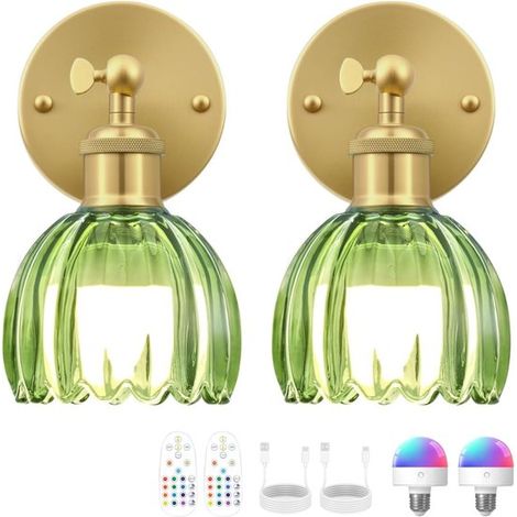 Appliques Murales sans Fil Vintage - Abat-Jour en Verre Tulipe Vert - Lot de 2 - Rechargeables avec Télécommande - LED Dimmable pour Chevet, Chambre (1/5)