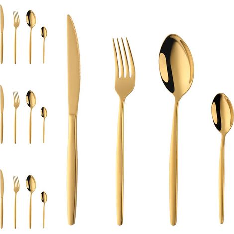 Lot de 16 couverts avec couverts en acier inoxydable, couteaux, fourchettes, cuillères, cuillères à café, couverts pour 4 personnes, polis miroir, passent au lave-vaisselle (1/5)