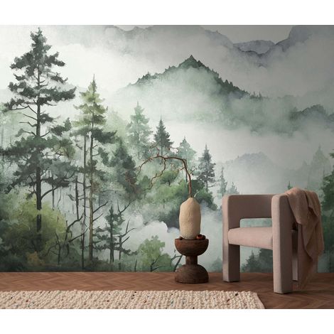 Papier peint intissé Arbres & Forêt Gris, Vert, Blanc - 3,71 x 2,8 m (1/3)