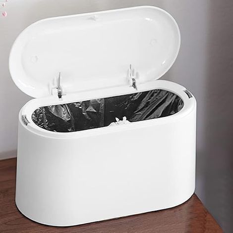 White , Small Tabletop Trash Can with Push Button Lid White Desk Trash Can Mini Plastic Tabletop Trash Can Portable Kitchen Tabletop Waste Bin for Dressing Table, Bedroom, Countertop