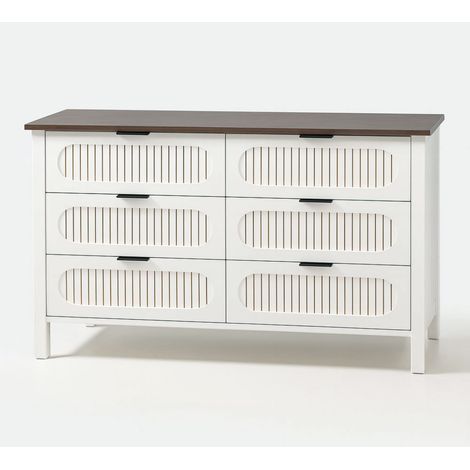Kommode mit 6 Schubladen in weißer Rillenoptik und Holz 120 cm BRIX