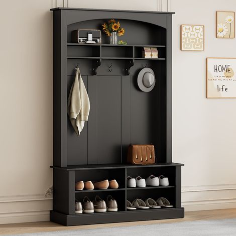 Garde-robe 120x40x190 cm avec banc, 3 crochets et rangement ouvert, noir, pour entrée et couloir (1/5)