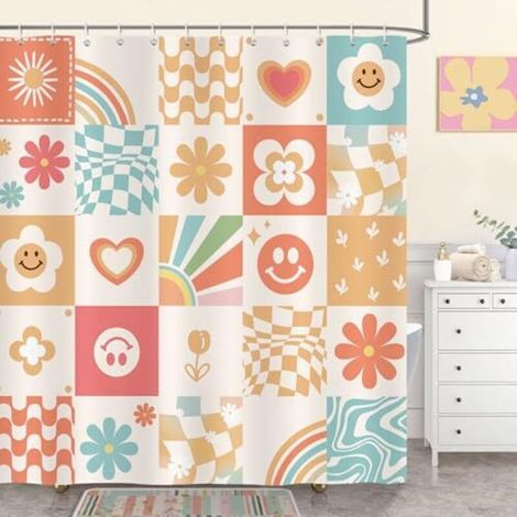 Niedlicher, abstrakter Duschvorhang im Retro-Stil der 70er Jahre mit floralem Muster, schimmelresistent, wasserdicht und waschbar, aus Polyestergewebe, 180 x 180 cm, inklusive 12 Badewannenhaken