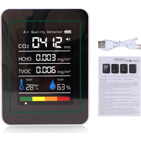 Misuratore HCHO 5 in 1, misuratore portatile di temperatura e umidità con display a colori per casa, ufficio, veicolo, rilevamento di CO2 TVOC MT05 bianco. (1/5)